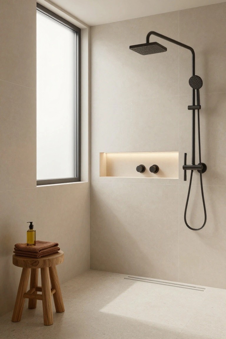 Beige tiled shower area with black matte rain showerhead on wall arm, handheld shower, backlit recessed niche containing two control knobs, frosted window, wooden stool holding folded towels and soap bottle, and linear floor drain.