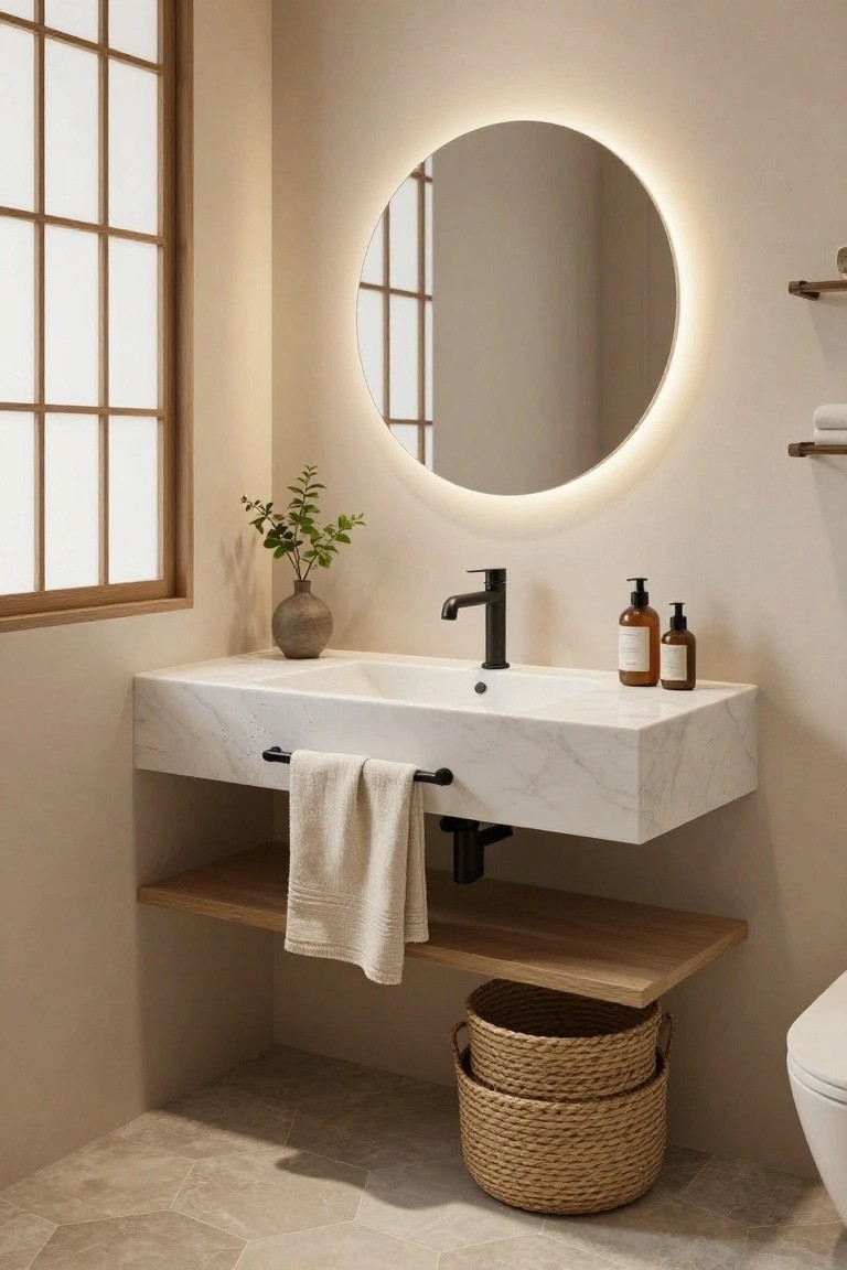 Modern floating marble sink with round backlit mirror and wooden accents.