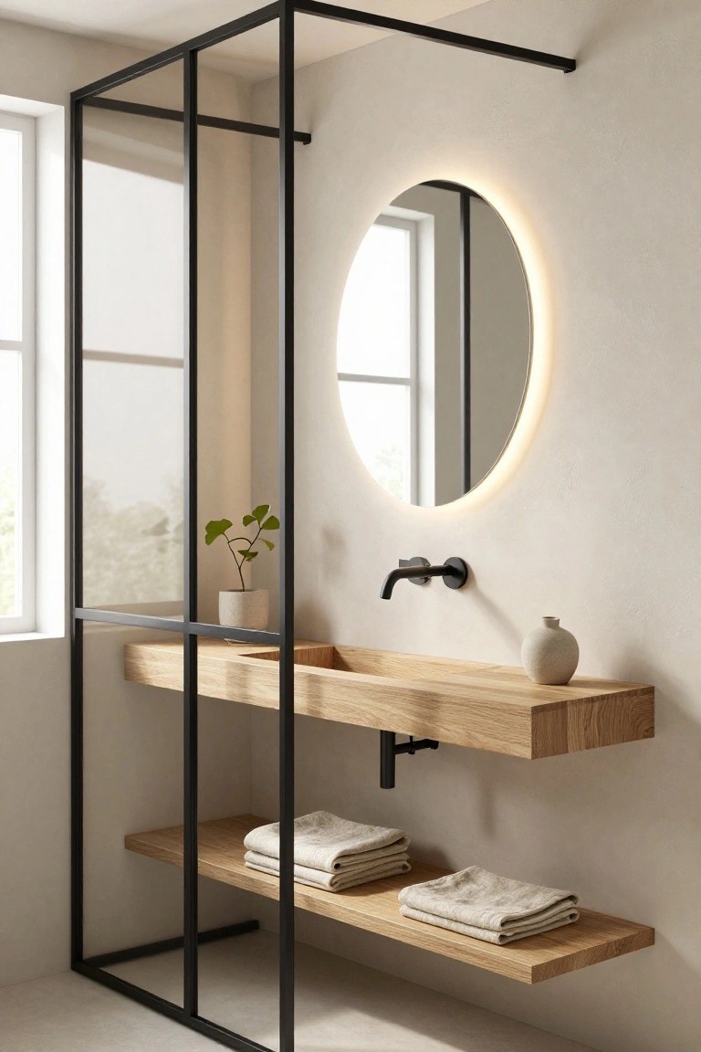 Contemporary bathroom interior with black metal framed glass shower enclosure, floating oak wood vanity and sink, round mirror with backlit edge glow, black wall faucet, folded white towels on lower shelf, potted plant and vase on vanity, light beige walls and floor.