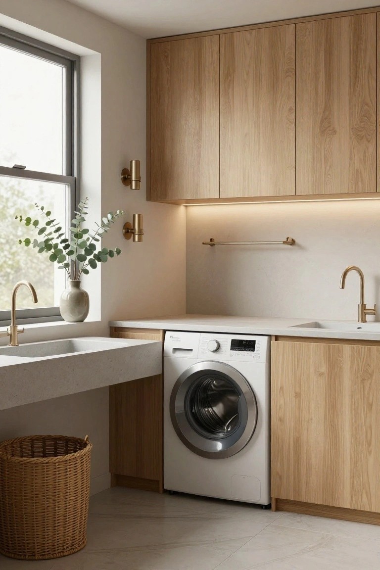 Modern interior of a laundry room featuring light oak cabinets, white front-load washer, double stone sinks with gold faucets, brass wall sconces, LED under-cabinet lighting, potted eucalyptus, and a wicker basket on a tiled floor.