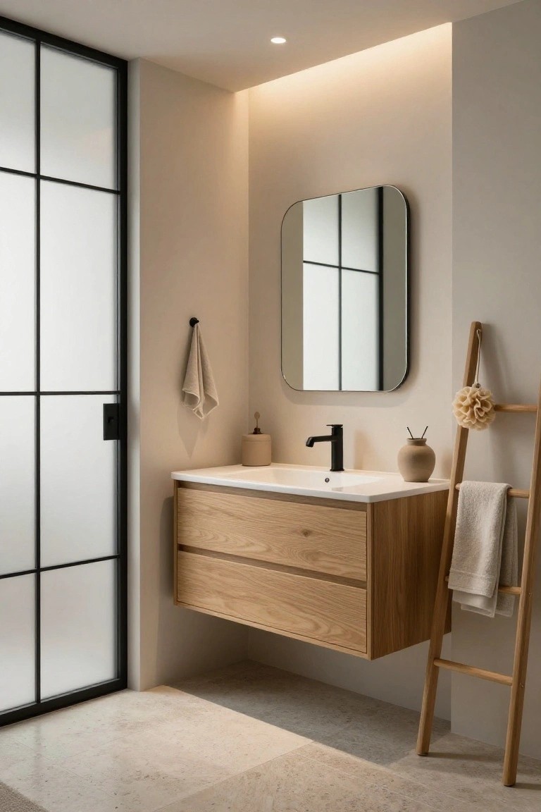 Japandi bathroom with floating oak wood vanity under white sink and black faucet, oval mirror on beige wall, wooden ladder towel rack holding towel and loofah, beige vase on vanity, towel on hook, black-framed frosted glass shower door, light stone tile floor, and soft cove lighting from ceiling.