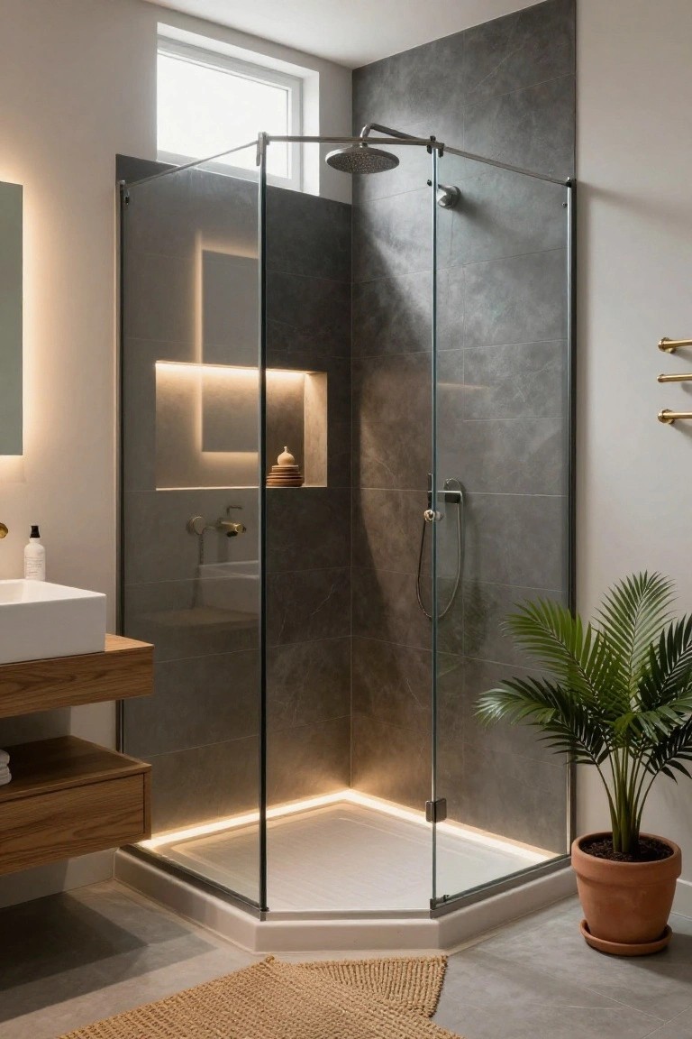 Corner glass shower enclosure with gray textured tile walls, built-in illuminated niches holding a vase, wood vanity with white sink, potted palm plant, and brass fixtures in a modern bathroom.