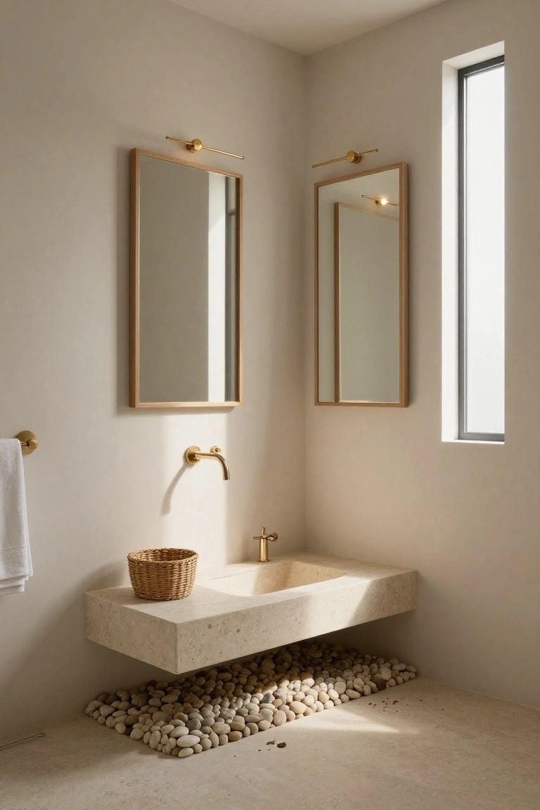 Corner bathroom with floating beige stone sink on pebbles, gold faucet and towel holder, woven basket, two tall oak-framed mirrors with brass sconces above, and a window on beige walls and floor.