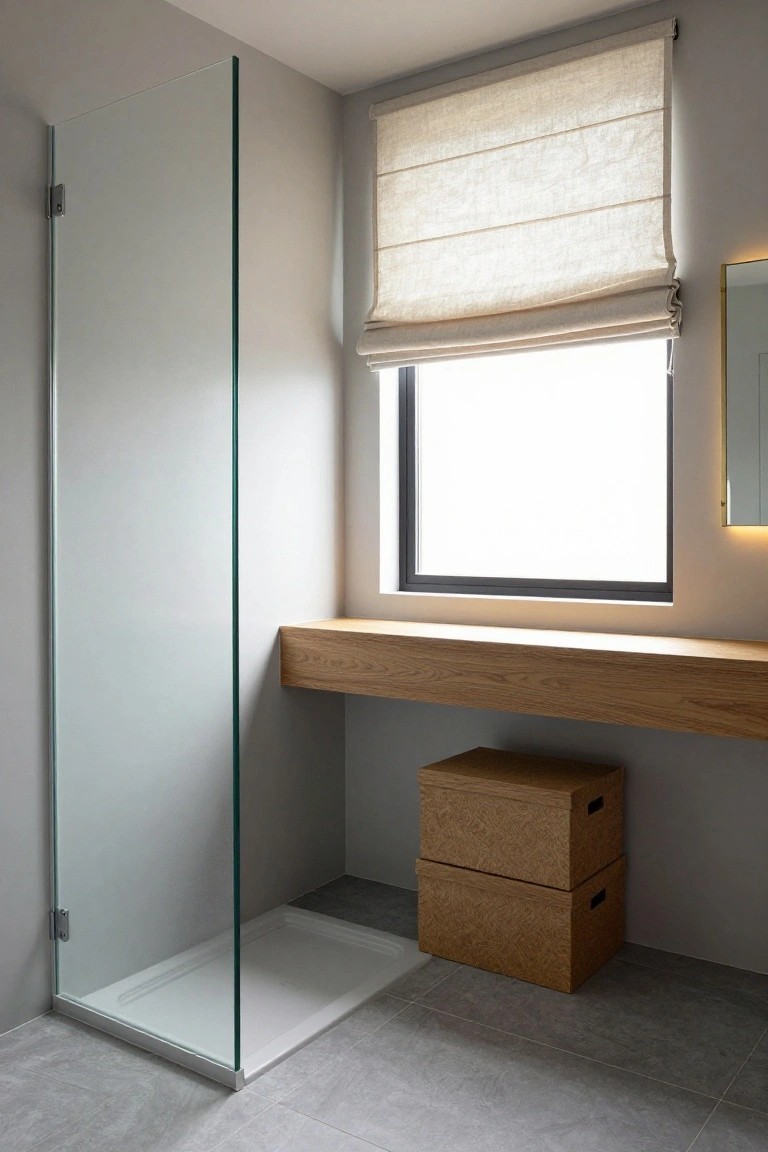 Corner of a modern bathroom featuring a glass shower enclosure, floating wooden shelf, two stacked textured wooden boxes underneath, window covered by a beige linen roman shade, and a lit mirror beside it.