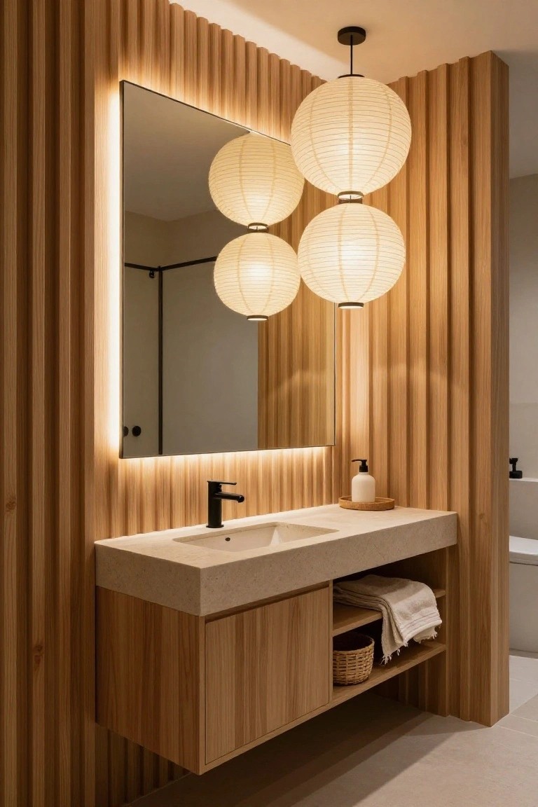 Japandi bathroom with vertical wood slat walls, backlit rectangular mirror, floating stone vanity with black faucet and soap dispenser, woven basket storage, and multiple hanging white paper lanterns.