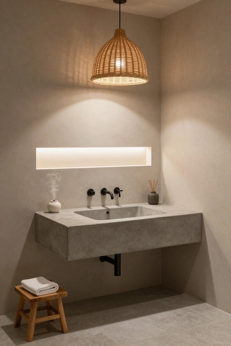 Corner of a minimalist Japandi bathroom with beige walls, floating concrete sink and black faucets, woven rattan pendant light overhead, glowing backlit wall niche, incense burner with smoke, potted reeds, and wooden stool holding a folded towel on light gray tile floor.
