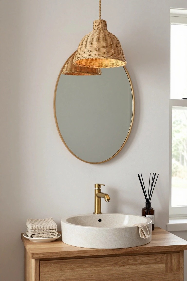Bathroom vanity with white vessel sink, gold faucet, stack of folded towels on a plate, woven rattan pendant lights hanging overhead, oval gold-framed mirror on white wall, reed diffuser, and wooden cabinet.