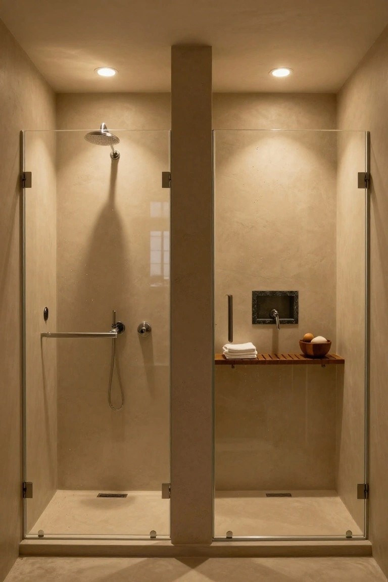 Glass-enclosed walk-in shower with beige textured walls, recessed ceiling lights, overhead rain showerhead, hand shower, drain, and wooden shelf holding folded towels and oranges.