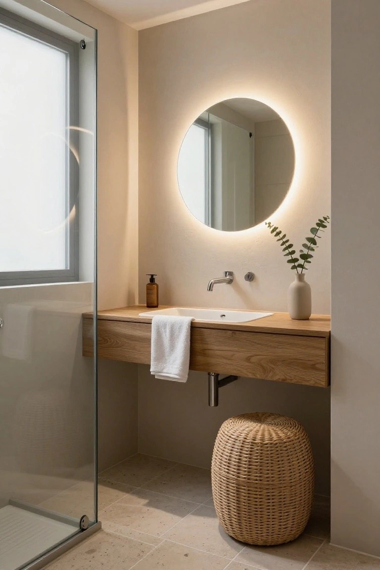 Bathroom with round backlit mirror above oak vanity and white sink, glass shower enclosure, eucalyptus in vase, hand towel on cabinet, and wicker stool on beige tile floor.