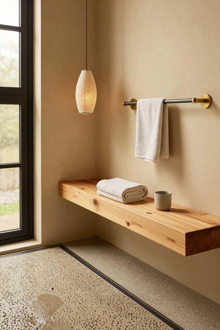 Corner of a light beige bathroom with black metal window, wooden floating shelf holding folded white towels and a small gray ceramic cup, brass towel rail with hanging white towel, and woven paper lantern pendant light suspended from ceiling.
