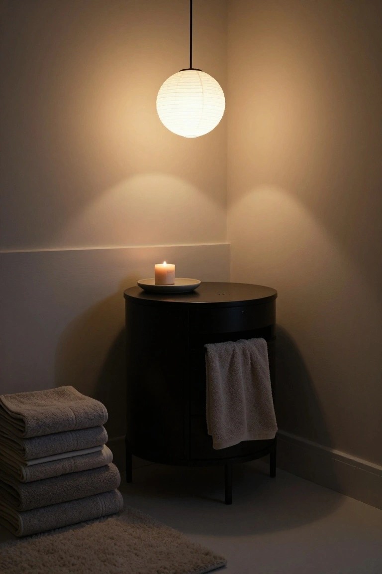 White paper lantern pendant light hanging in beige bathroom corner above black cylindrical side table with lit white candle on plate, draped beige towel, stack of folded towels on floor, and beige bath mat.