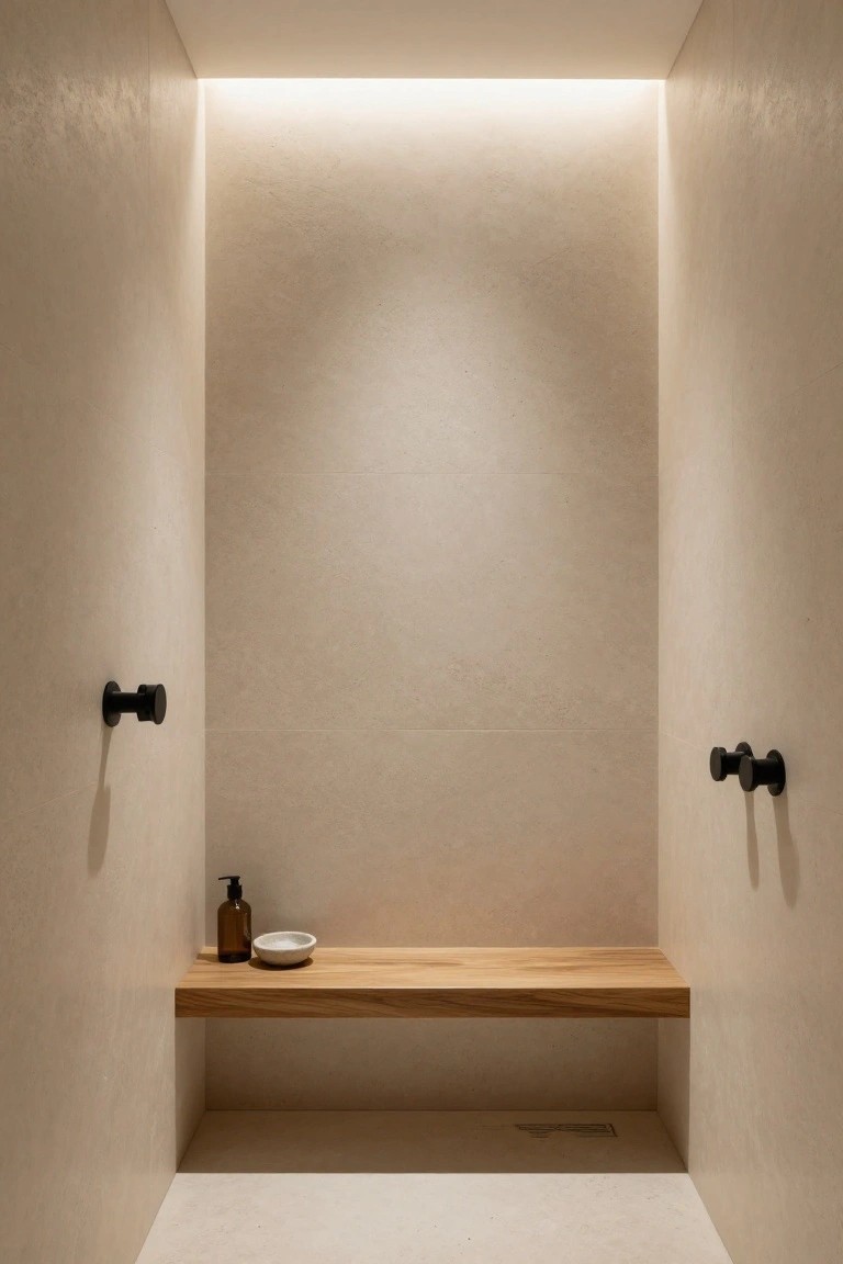 Minimalist beige shower enclosure with recessed wooden bench, soap dispenser and dish, black wall handles, and soft perimeter ceiling lighting.