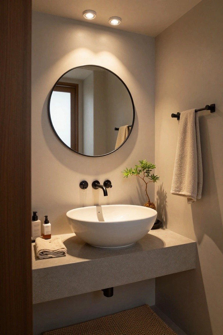 Minimalist bathroom with beige walls, round black-framed mirror, white vessel sink on floating gray countertop, black faucet and handles, folded beige towels, small bonsai plant in pot, beige hand towel on counter, black towel bar with hanging towel, seagrass floor mat, and two recessed ceiling lights.