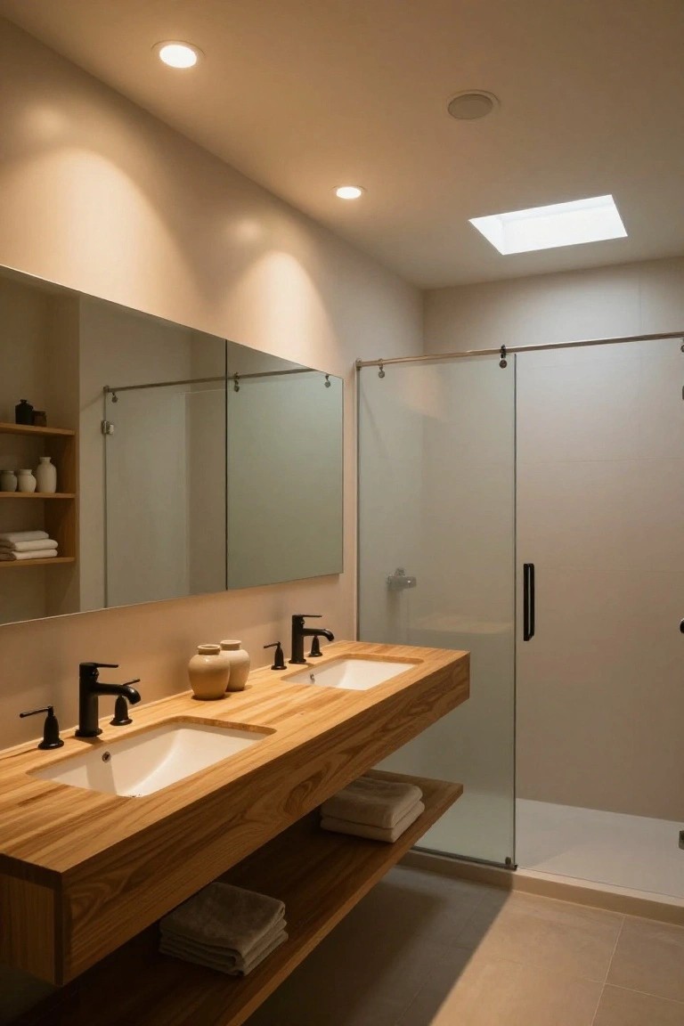 Bathroom with floating wooden double vanity, two undermount sinks, black faucets, large wall mirror, frosted glass shower enclosure, recessed ceiling lights, skylight, and beige tile floor.