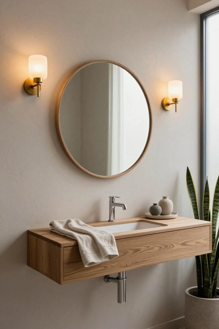 Modern wooden floating vanity with round mirror and warm sconces.
