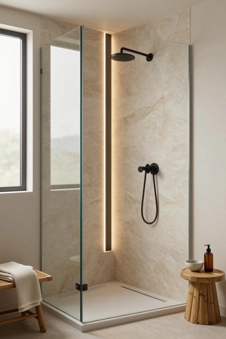 Contemporary bathroom with walk-in glass shower enclosure, vertical glowing LED strip on beige marbled tile wall, black matte showerhead and hand shower, wooden bench with towel, and stool with soap bottle nearby.