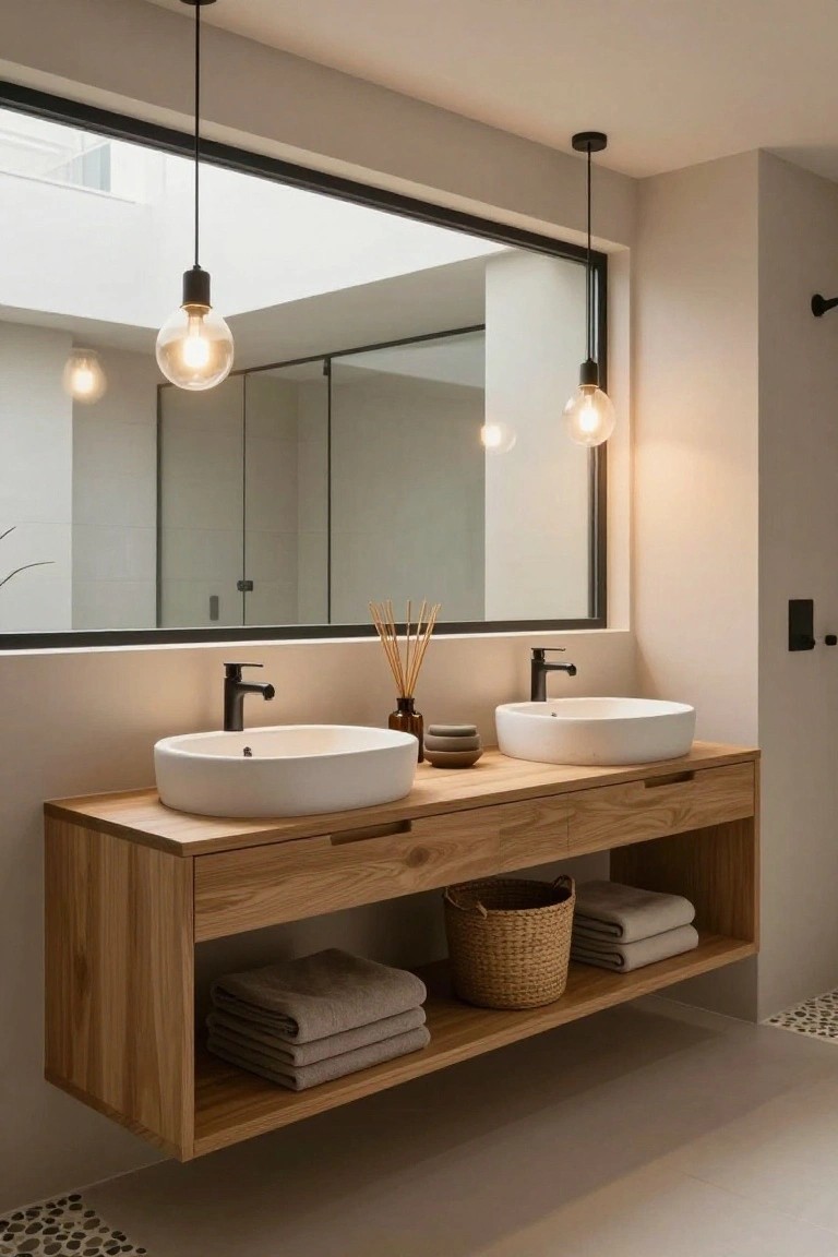 Bathroom with floating oak double vanity holding two white vessel sinks and black faucets, large black-framed mirror, multiple hanging globe pendant lights, reed bundles, and woven basket storage.