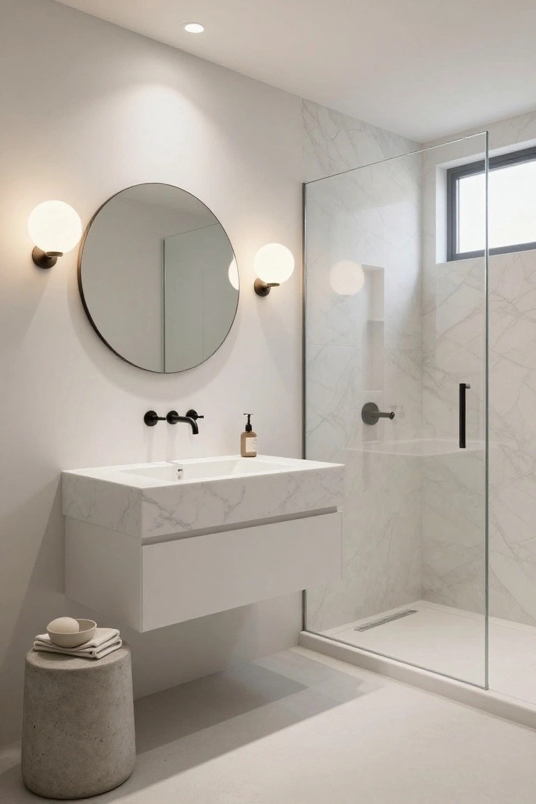 Modern white bathroom featuring a large round black-framed mirror flanked by two white globe wall lights on black brackets, a floating white marble vanity with black faucet, glass shower enclosure with marble tiles, small concrete stool with folded towels, and recessed ceiling light.