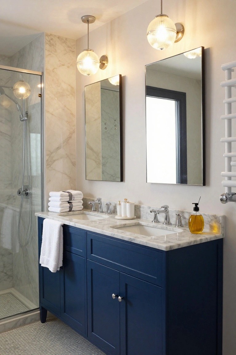Modern bathroom with navy wood vanity cabinet, white marble countertop, two chrome faucets and sinks, stacked white towels, ribbed glass globe pendant lights, mirrors, and glass shower enclosure with marble walls.