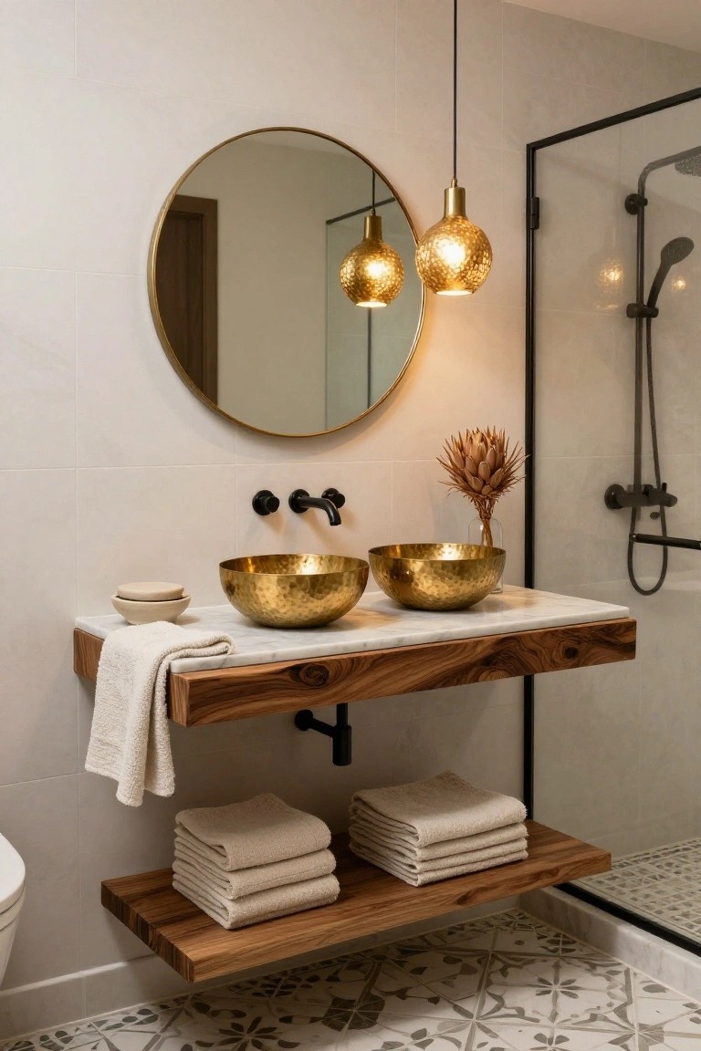 Bathroom with floating wooden vanity topped by white marble and two gold hammered bowl sinks, two textured gold pendant lights hanging above, large round brass mirror, dried plant stems, folded towels on shelf below, glass shower enclosure, and patterned tile floor.
