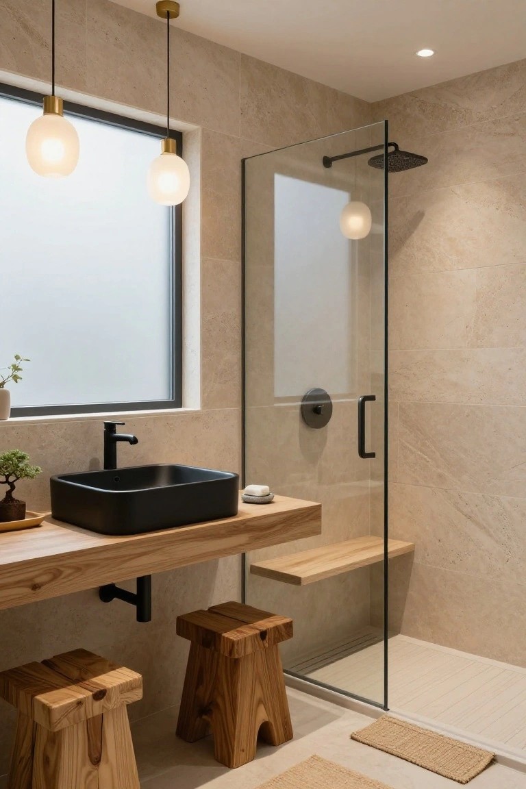 Modern bathroom with light beige stone tile walls, wooden vanity and stools, black square sink, two hanging milky white globe pendant lights, glass shower enclosure, and plants on the windowsill.