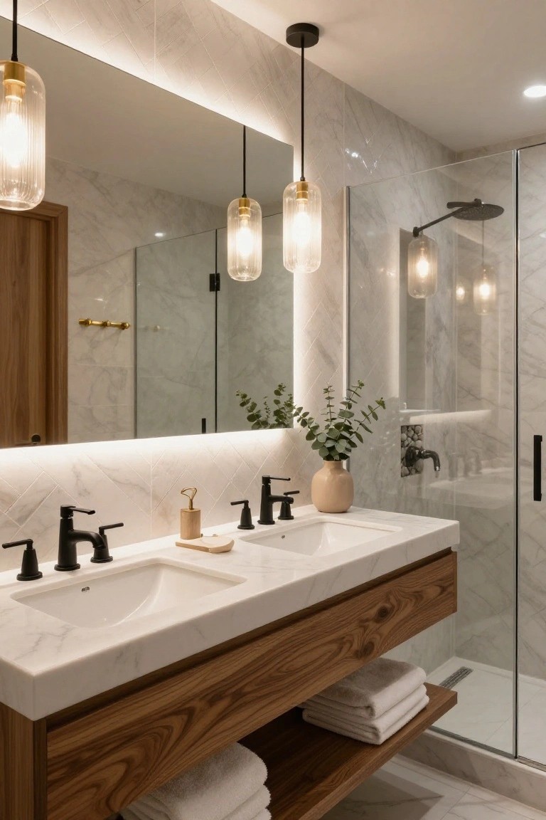 Modern bathroom with floating wooden double vanity topped in white marble, two undermount sinks with black faucets, backlit mirror, glass shower enclosure, and multiple hanging gold-trimmed glass pendant lights.