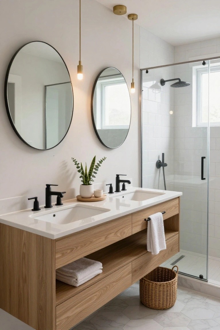 Modern bathroom featuring a light oak double vanity with two white sinks and black faucets, flanked by two large round black-framed mirrors, slim brass pendant lights hanging from the ceiling, potted plants on the counter, and a glass shower enclosure with black hardware on white subway tile walls and hexagonal floor tiles.