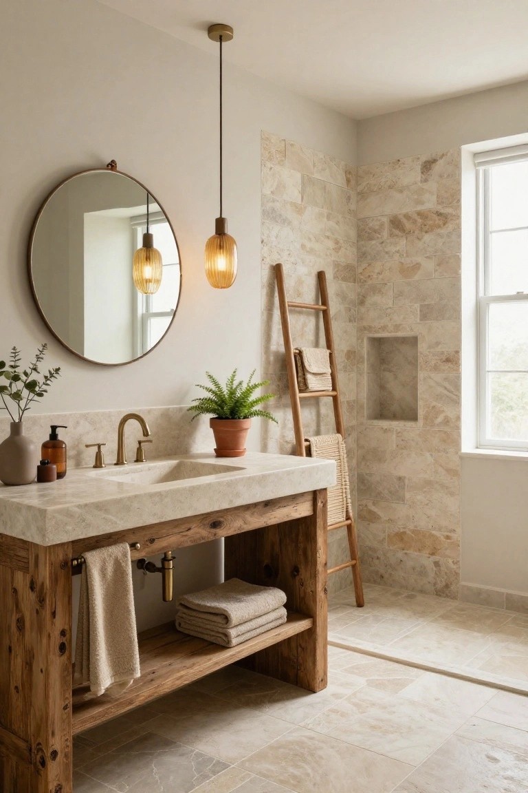A bathroom with a rustic wooden vanity topped by a white sink, two amber glass pendant lights hanging above, a round brass mirror, potted plants, a wooden ladder holding towels, and beige stone tile walls and floor.