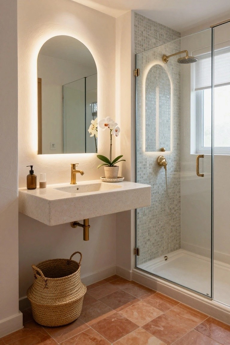 Small modern bathroom with arched backlit mirror above floating white stone vanity and gold faucet, potted white orchid, woven seagrass basket, glass shower enclosure with iridescent mosaic tiles and gold showerhead, on terracotta tile floor.