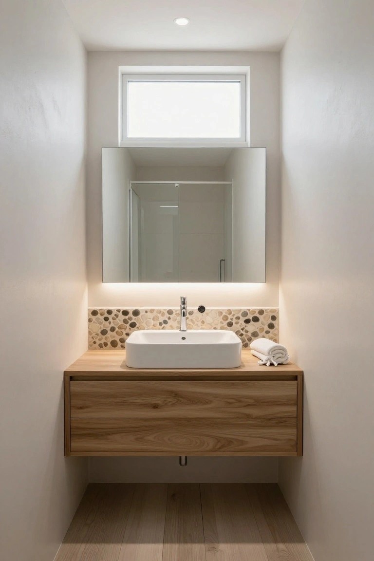 Compact modern bathroom with floating wooden vanity, white vessel sink on pebble backsplash, large mirror with edge LED lighting, small window above, and shower reflected in mirror.