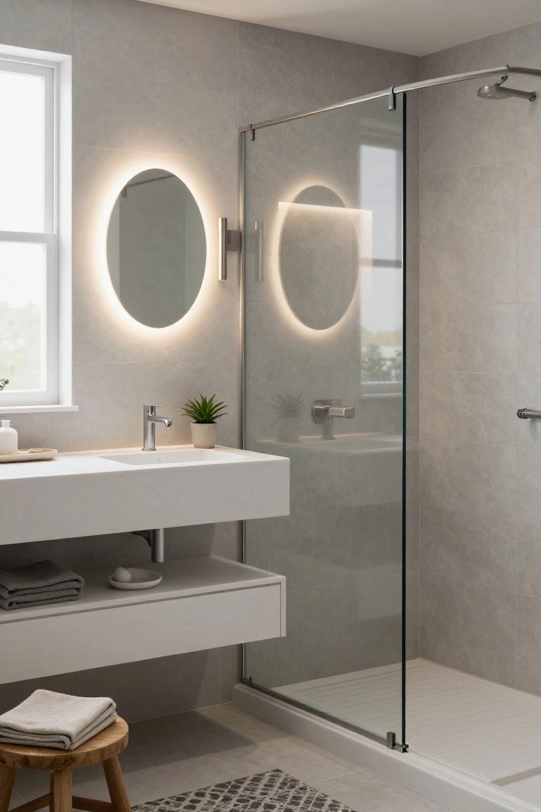 Small modern bathroom with light gray tiled walls, white floating vanity and sink, round backlit mirror above, glass shower enclosure, potted plant on counter, folded towels, and wooden stool on floor.