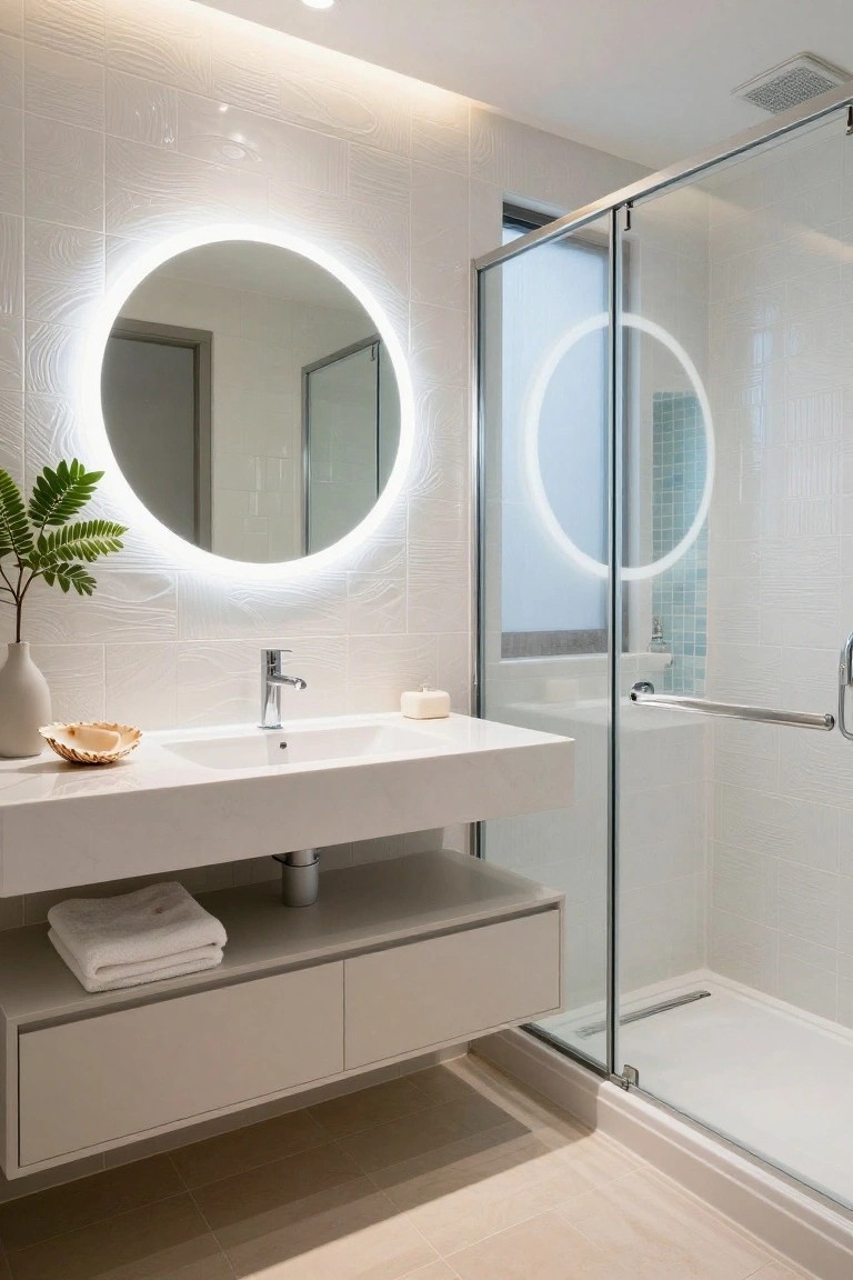 Small modern bathroom with white wavy tiles, round backlit mirror above floating white vanity and sink, potted plant, shell dish, folded towels, and clear glass shower enclosure.
