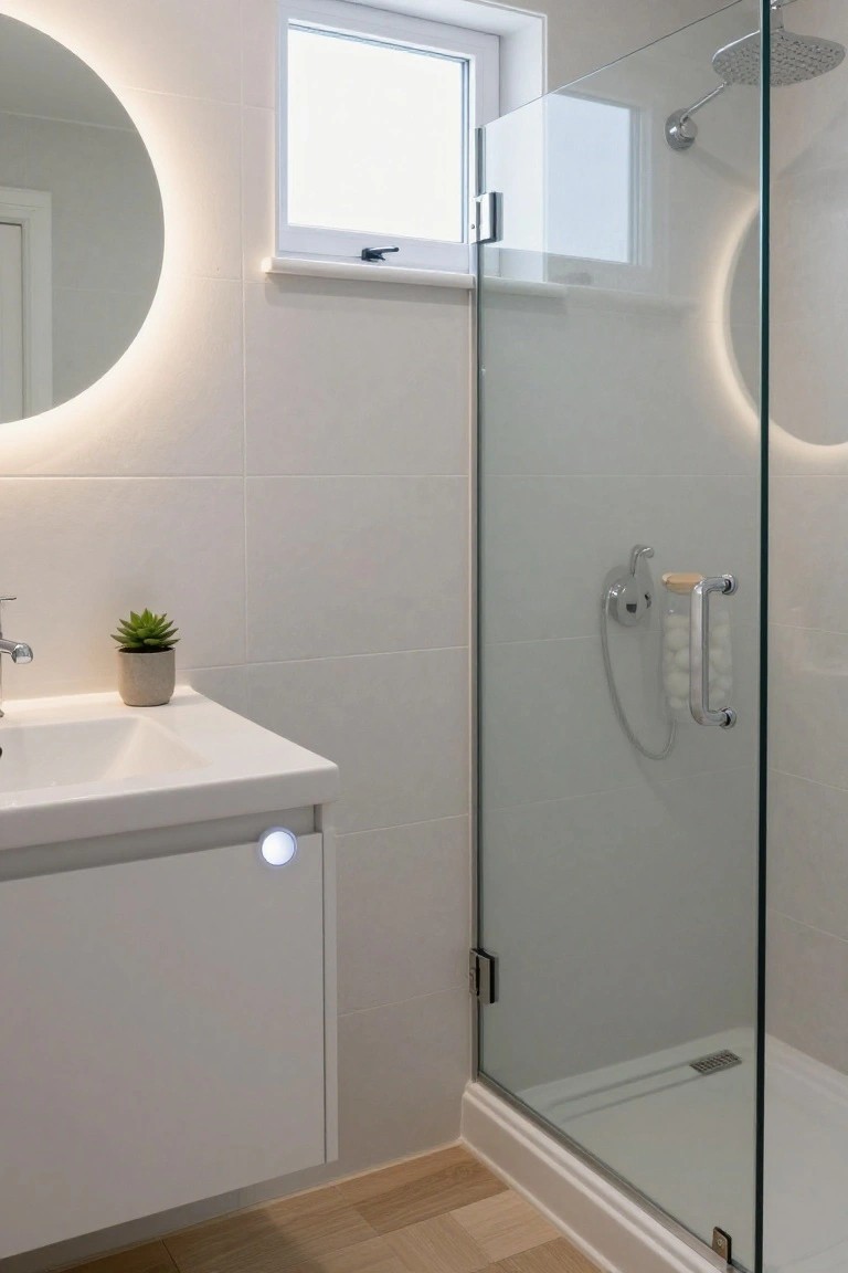 Small modern bathroom with round backlit mirror above white sink and cabinet, frosted glass shower enclosure, potted succulent plant, and light wood flooring.