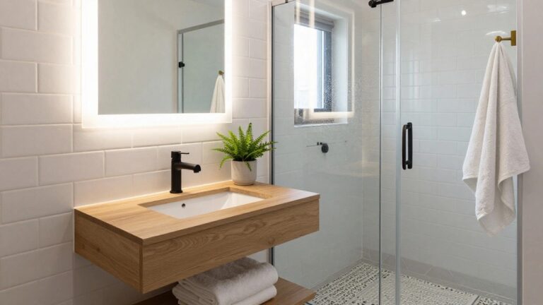 A small modern bathroom with white tiled walls, a backlit rectangular mirror above a floating oak vanity with black faucet, a glass shower enclosure with pebble tile floor and rain showerhead, folded towels on shelves, and a potted plant on the counter.