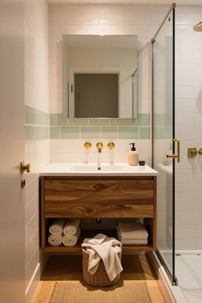 Small modern bathroom featuring a wooden vanity with white sink, gold faucets, stacked towels inside open shelves, glass shower enclosure, white subway tiles with green accents, and recessed overhead lighting above a frameless mirror.