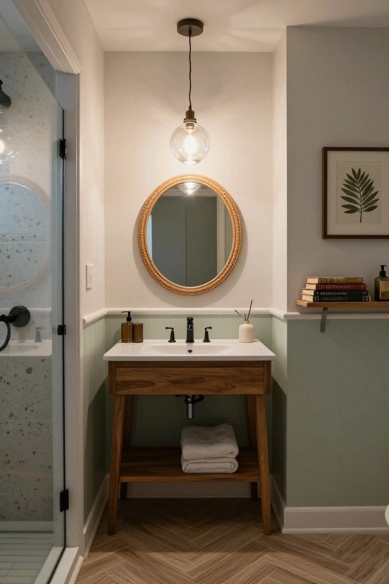 Small bathroom with glass shower enclosure, wooden vanity under white countertop, rattan-framed round mirror, glass globe pendant light, and sage green lower wall paneling over herringbone wood-look floor tiles.