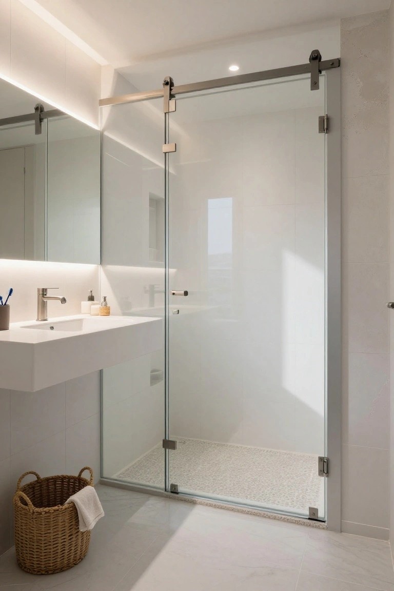 Modern small bathroom featuring a large frameless glass shower with sliding door, floating white vanity sink, backlit mirror with LED strips along edges, toothbrush holder, and woven basket with towel on tiled floor.