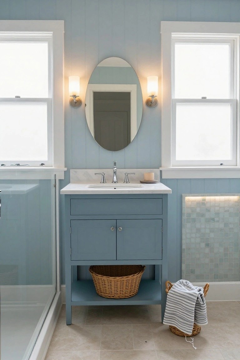 Light blue paneled bathroom with oval mirror flanked by two white-shade wall sconces, marble-top blue vanity cabinet, glass shower enclosure, mosaic tile panel with backlighting, and woven baskets on beige tile floor.
