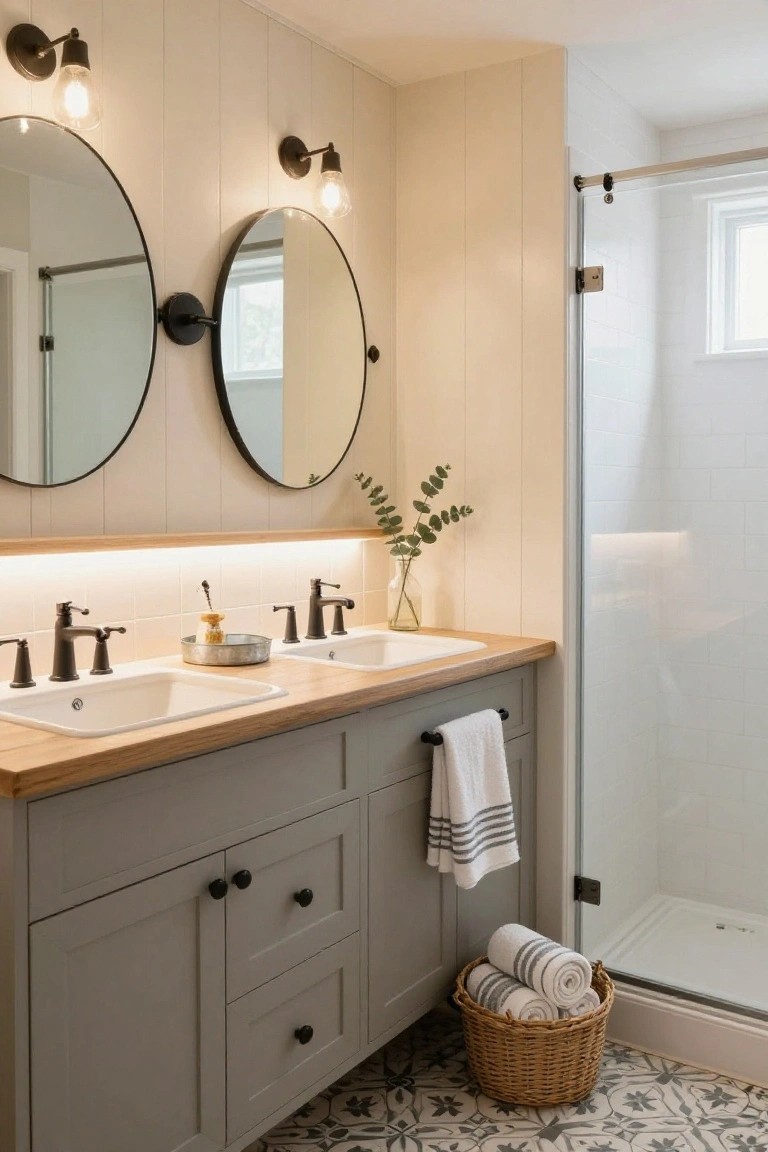 A small bathroom with light wood double vanity and two white undermount sinks topped by large round black-framed mirrors, flanked by four black wall sconces with exposed glowing bulbs, gray lower cabinets, glass shower enclosure, and a wicker basket holding rolled towels on patterned tile floor.