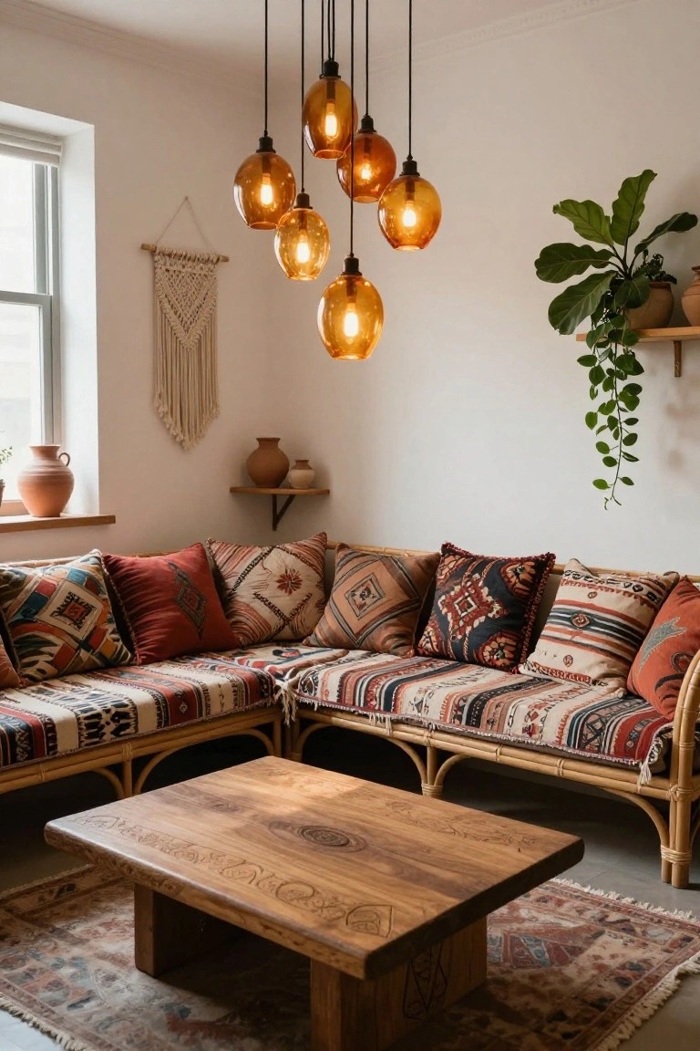 Corner indoor seating area with rattan sofa covered in colorful patterned cushions and blankets, carved wooden low coffee table, cluster of amber glass pendant lights hanging overhead, macrame wall hanging, potted plants on shelves and windowsill, and woven rug on floor.