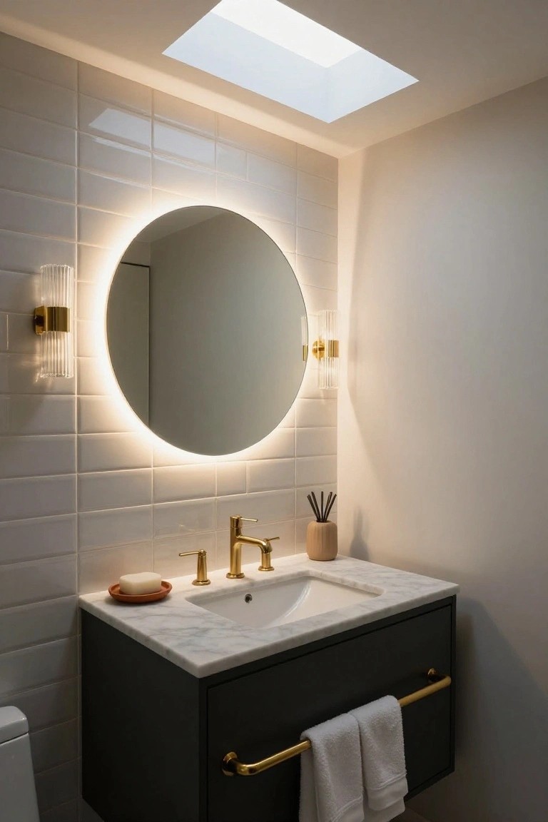 Modern bathroom with white subway tile walls, floating black vanity topped in white marble, round backlit mirror with gold glass sconces, gold faucet and hardware, reed diffuser, soap dish, towels on rail, and skylight overhead.