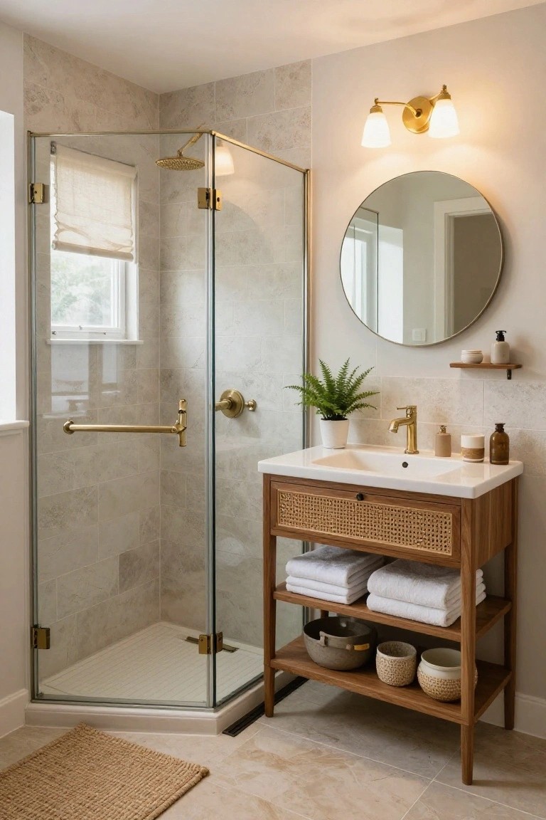 A light-filled bathroom corner with glass shower enclosure on marble tiles, rattan vanity holding towels and baskets, round mirror, potted fern, and paired brass wall sconces.