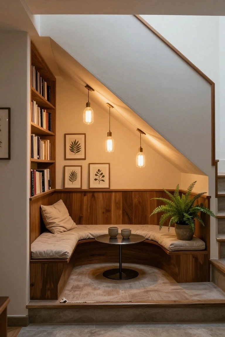 Wooden built-in curved bench seating under a staircase with bookshelves on one side, three hanging pendant lights, small round metal table, potted fern plant, and framed botanical prints on the wall.