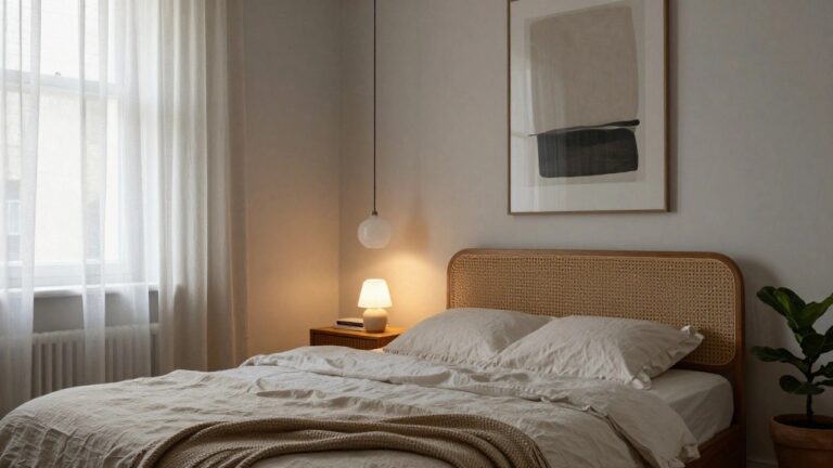 23 Soft Ambient Lighting Apartment Ideas That Feel Calm And Cozy Cozy bedroom corner featuring a rattan headboard bed with rumpled white bedding and pillows, a white ceramic lamp on a wooden nightstand holding books and next to a potted plant, abstract beige wall art, linen curtains over a window, and a seagrass rug on a wood floor.