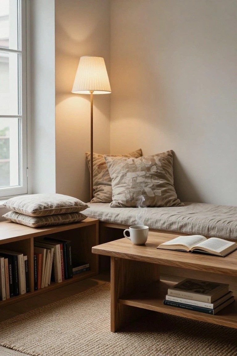 Cozy reading nook with wooden bench, pillows, lamp, books, and steaming coffee.