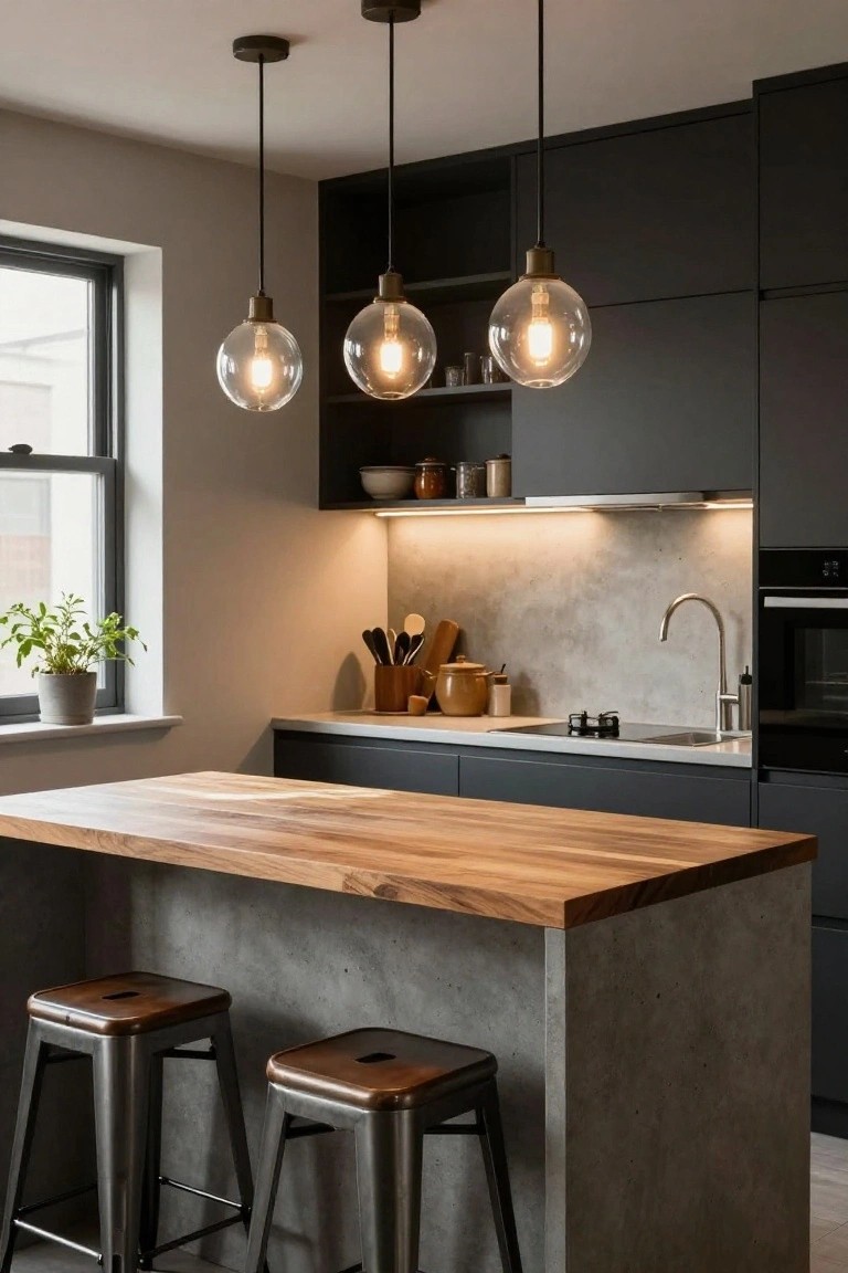 Modern kitchen interior with matte black cabinets, gray concrete island topped by light wood countertop, two metal bar stools, three hanging clear glass globe pendant lights, under-cabinet LED strip lighting, and a window with plants.