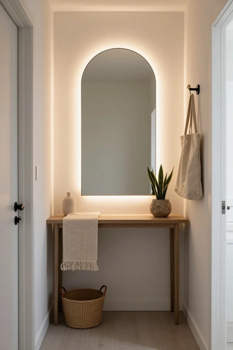 Arched backlit mirror above wooden console with woven basket and tote bag.
