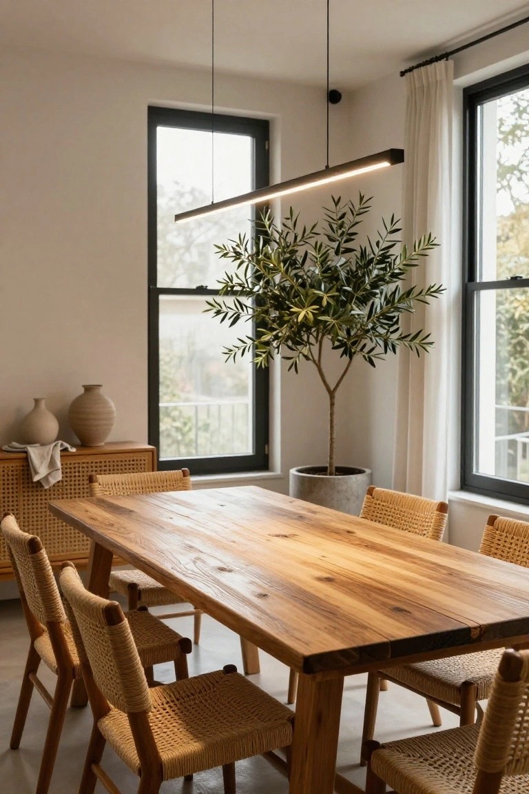 Modern dining room featuring a long rectangular wooden table with rattan chairs, a large potted olive tree, two ceramic vases on a rattan sideboard, linear black LED pendant light overhead, large black-framed windows with white curtains, and light beige walls.