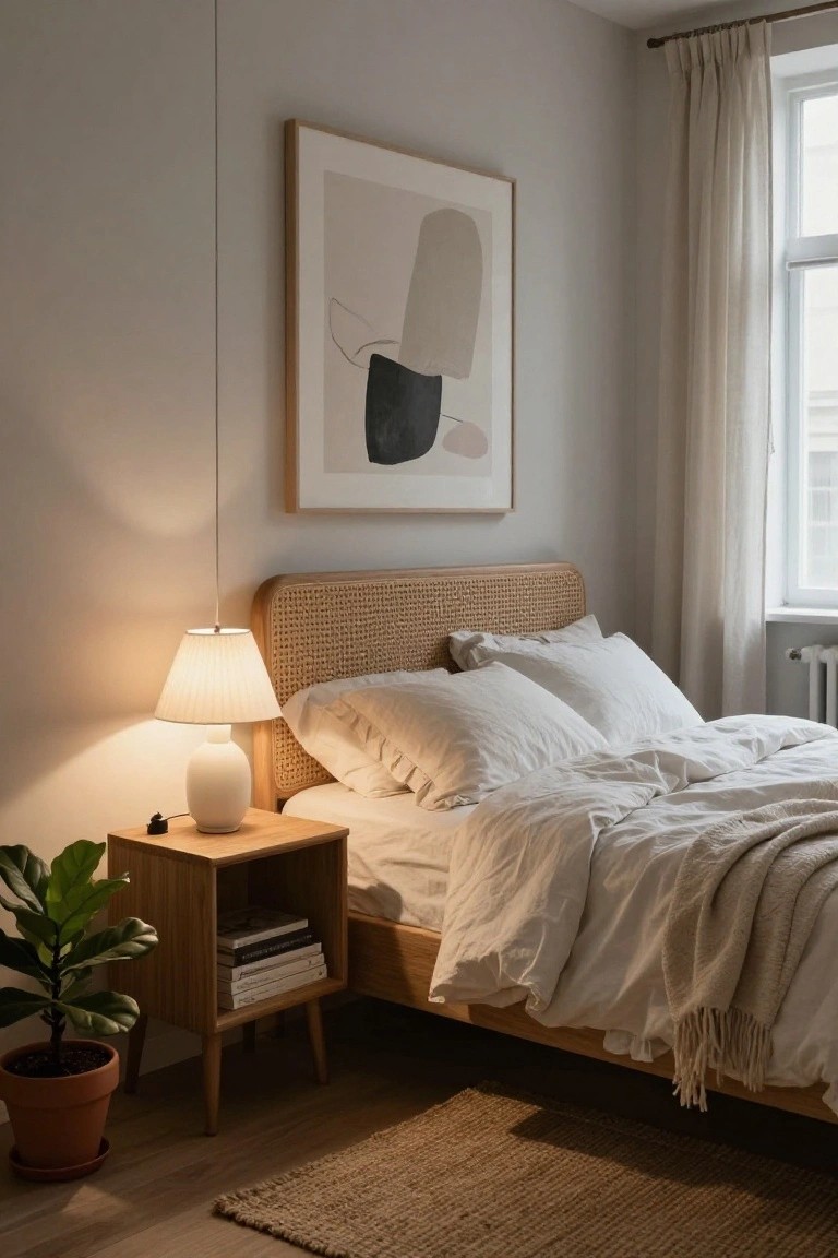 Cozy bedroom corner featuring a rattan headboard bed with rumpled white bedding and pillows, a white ceramic lamp on a wooden nightstand holding books and next to a potted plant, abstract beige wall art, linen curtains over a window, and a seagrass rug on a wood floor.