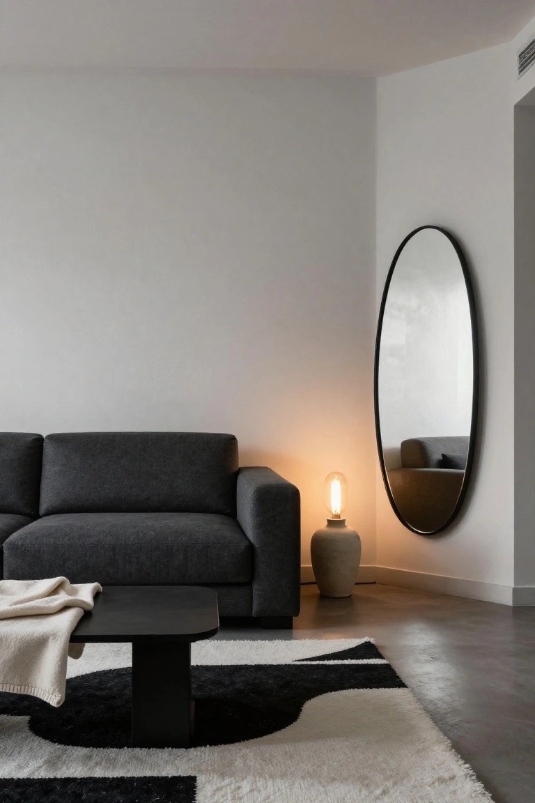 Modern living room corner with gray L-shaped sofa, black trapezoid coffee table, white and black abstract rug, tall oval black-framed mirror on wall, and ceramic-based floor lamp with exposed warm bulb beside sofa.